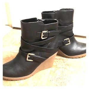 Black Wedge Leather Booties